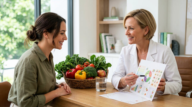 Female dietitian consulting with a patient about healthy eating. Nutritionist explaining diet plan using a food chart in a modern clinic. Fresh vegetables on the desk