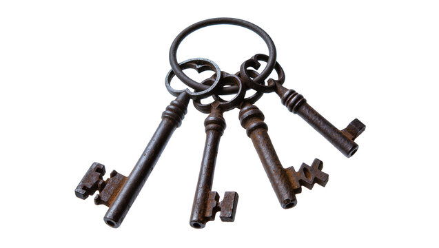 Isolated antique rusty metal skeleton keys on a keyring, vintage style and aged iron