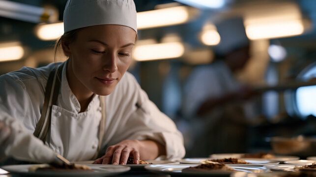 A cruise ship pastry chef in a below deck galley pipes intricate sugar work onto individual dessert plates for a formal dining event, stainless counters gleaming under fluorescent