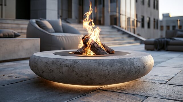 Modern outdoor living space featuring a circular fire pit, comfortable seating, and a stylish, contemporary architectural design