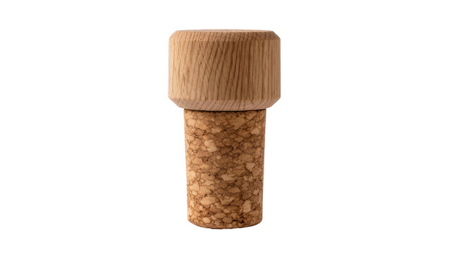 Isolated elegant bottle stopper with a natural cork base and a decorative wooden top