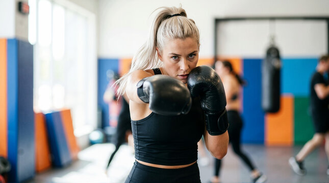 Determined blonde woman throwing punch with boxing gloves in gym. Active female athlete training in cardio boxing class