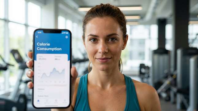 Smiling young woman holding smartphone with calorie consumption app in gym. Fit female tracking fitness data on mobile screen