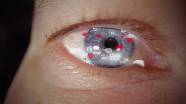 Close-up of a human eye with notifications. Concept of digital dopamine, social media addiction, online attention, smartphone dependency and endless scrolling
