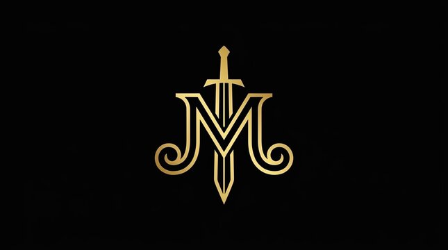 Elegant golden letter M with sword emblem.