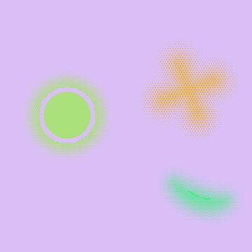 Abstract halftone geometric shapes on light purple backdrop with circle and organic forms.