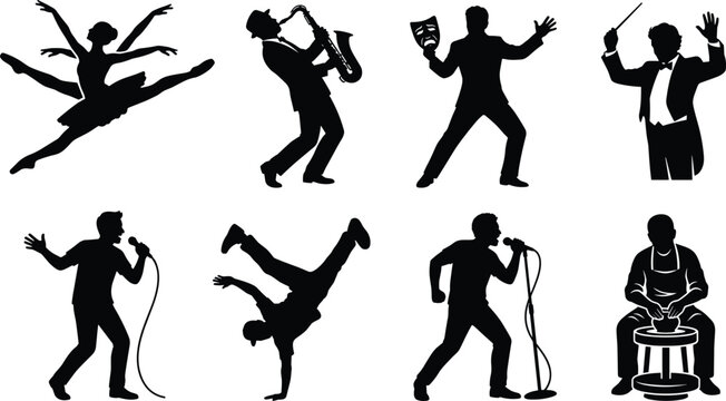 Creative performing arts vector set with ballerina saxophonist actor conductor singers breakdancer and potter silhouettes