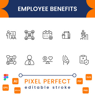 Career Growth and Business Success Line Icon Set - Teamwork, Salary, Achievement Vector Icons