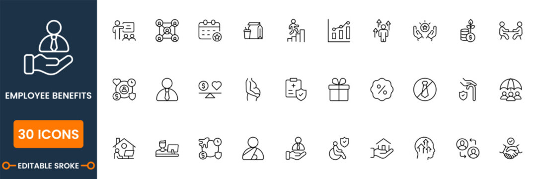 Employee Benefits HR Line Icon Set - Business Growth, Insurance, Diversity and Wellness Vector Icons