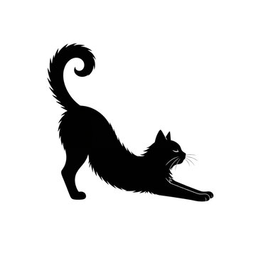 Stretching black cat silhouette with fluffy curled tail isolated on transparent background