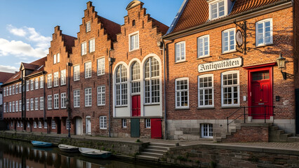 Fototapeta premium Scenic Historic Brick Buildings Along a Quiet Water Canal in a Charming Traditional German Town at Sunset