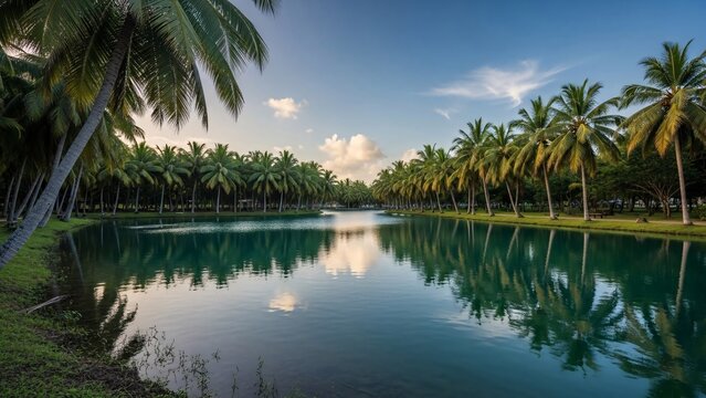 Serene tropical lagoon surrounded by palm trees