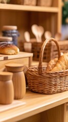 Fototapeta premium A cozy arrangement of bread, wooden containers, and utensils in a rustic kitchen setting