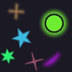 Neon green halftone circle and blue star graphics on dark backdrop modern digital artwork. © Saikat's
