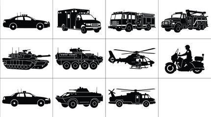 Emergency services and military vehicles silhouette set including police car ambulance fire truck tank helicopter and motorcycle vector illustration © Foredul