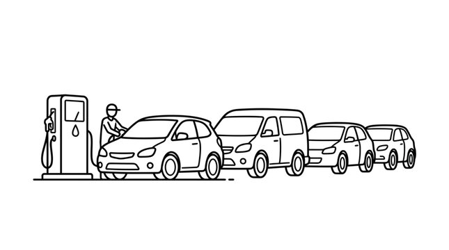Car queue at gas station, simple line art illustration