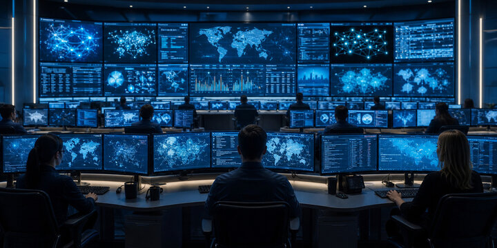 Security Operations Center Monitoring Room with Blue Curved Screens