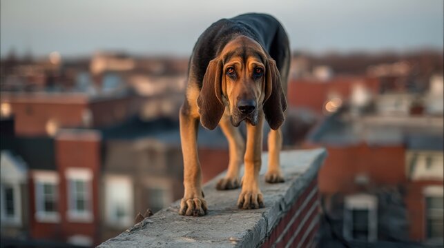 Dog overlooks city from rooftop during golden hour