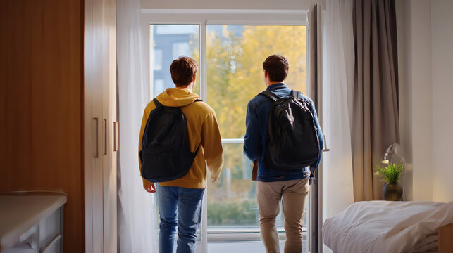 Two young men with backpacks standing in a bright dorm room, looking out the window at autumn trees. University student lifestyle, friendship, new beginnings.