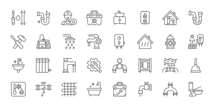 Plumbing and Heating, icons in line design. Plumbing, heating, plumber, repair, maintenance, service, home, house on white background vector. Plumbing and Heating editable stroke icons