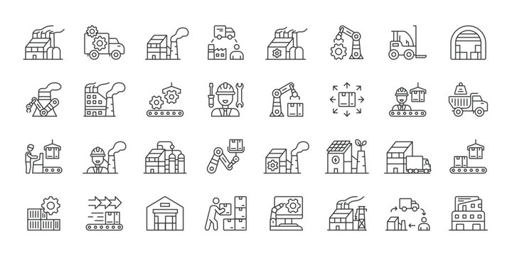 Industrial Park, icons in line design. Industrial park, factory, plant, manufacturing, production, industry, building on white background vector. Industrial Park editable stroke icons