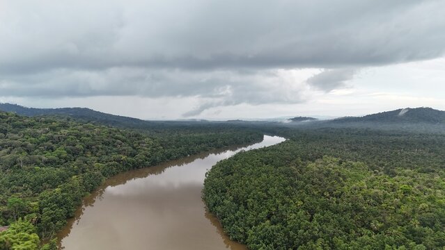 Aerial view of tropical river and rainforest in Roura, French Guiana.