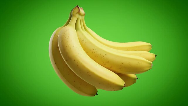 Fresh Yellow Bananas Rotation Stock Food. Close-up video of a fresh yellow banana bunch rotating slowly isolated on green background.
