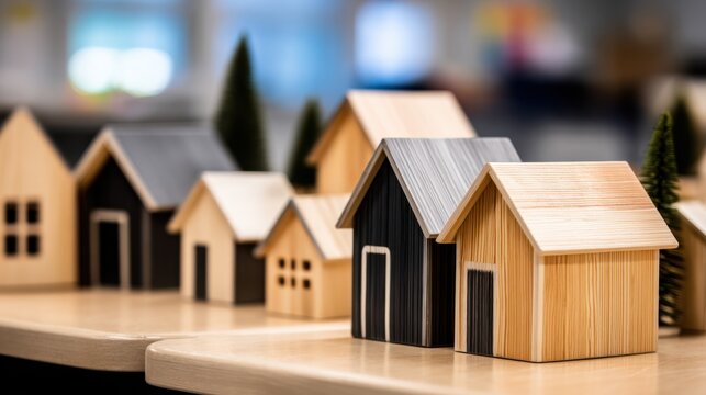 A collection of wooden model houses arranged neatly on a table with soft blur in the background