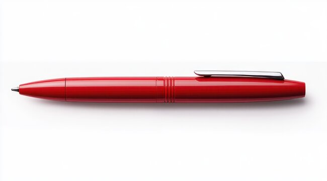sleek red ballpoint pen with metallic clip on white background conveying precision and professionalism