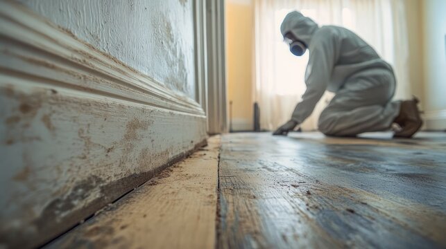 worker in full protective suit and respirator kneeling on a worn wooden floor scraping near a dirty baseboard in a sunlit room, focused and cautious