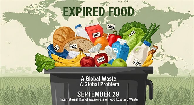 Expired Food Global Waste Problem Illustration With Overfilled Trash Bin And September 29 Awareness Day Text