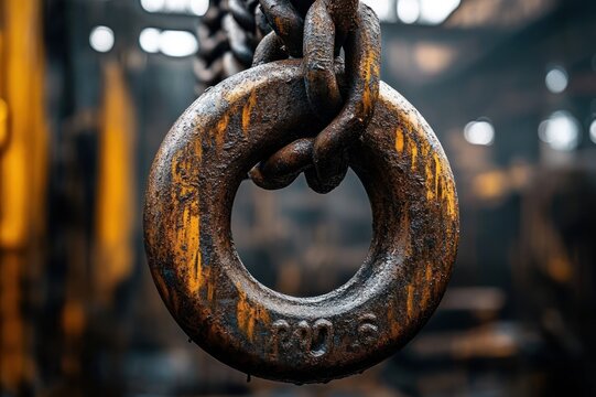 Close-up of rusted heavy lifting ring with chained links, peeling yellow paint and textured corrosion in a gritty industrial workshop, weathered and strong