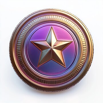 shiny gilded medallion with embossed five-pointed star, iridescent purple-blue center and ornate concentric ridges conveying elegance and triumph