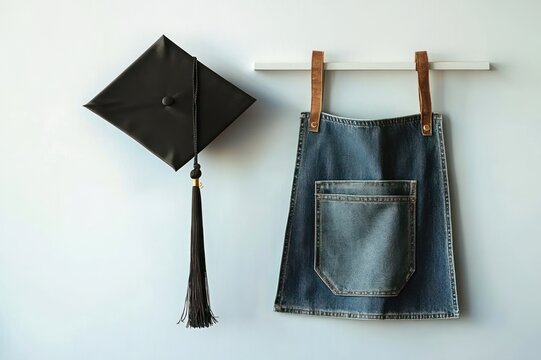 black graduation cap with long tassel beside a denim apron with front pocket hanging on a white wall, evoking achievement and creative domestic warmth