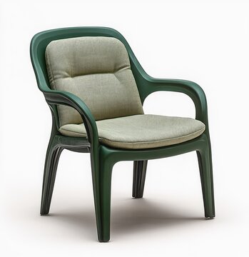 inviting green plastic lounge chair with pale green cushioned seat and curved armrests conveying relaxed comfort