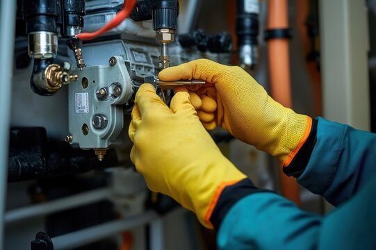 close-up of gloved hands in yellow gloves carefully adjusting a metal valve and fittings on a boiler heating system with orange pipes, focused precise maintenance