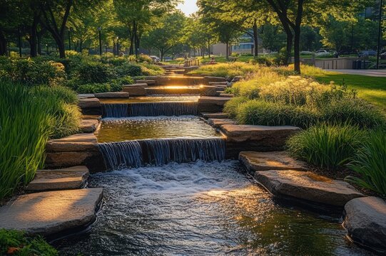 Sunlit terraced stream with small cascading waterfalls, stone ledges, lush green grass and trees in a serene urban park at golden hour