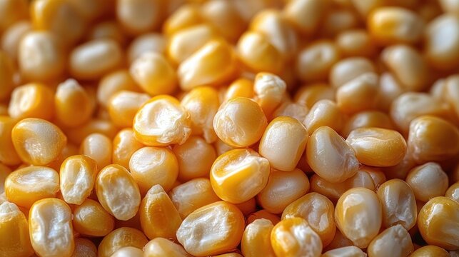 Close-up of glossy golden corn kernels piled together with warm inviting tones, rich texture and abundant comforting feel