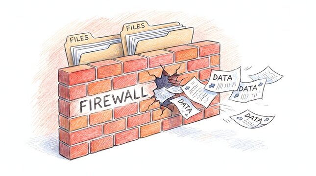 Illustration of Digital Network Security Concept Representing Data Breach Through A Firewall Barrier Protection