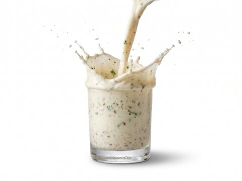 High Speed Splash of Traditional Indian Buttermilk (Masala Chaas) in Crystal Glass Isolated on White Background