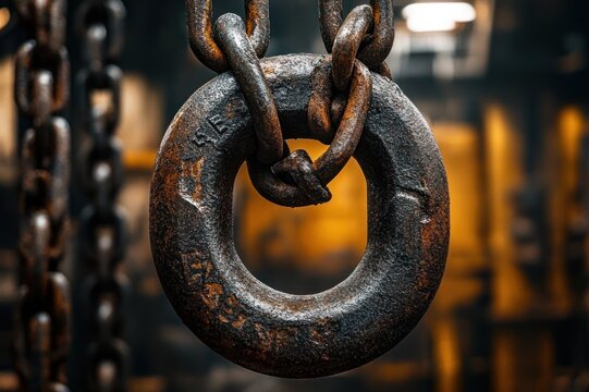 close-up of a rusted iron ring and heavy chains hanging in a dim industrial workshop with warm bokeh lights, gritty textured metal evoking strength and age