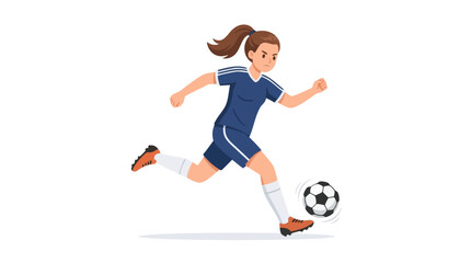 Fototapeta premium Female soccer player in blue uniform kicking a soccer ball during a match with determination on her face