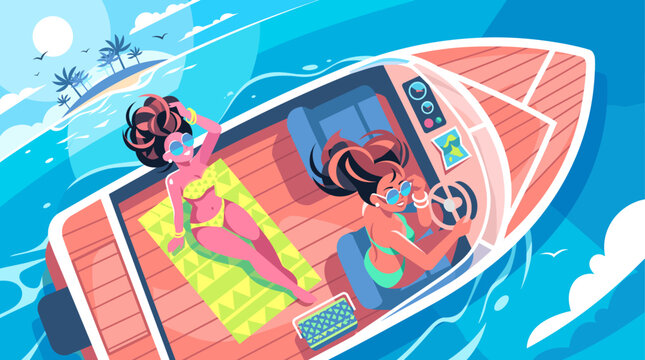 Two women relaxing and sunbathing on luxury speedboat cruising near tropical island paradise from aerial view.