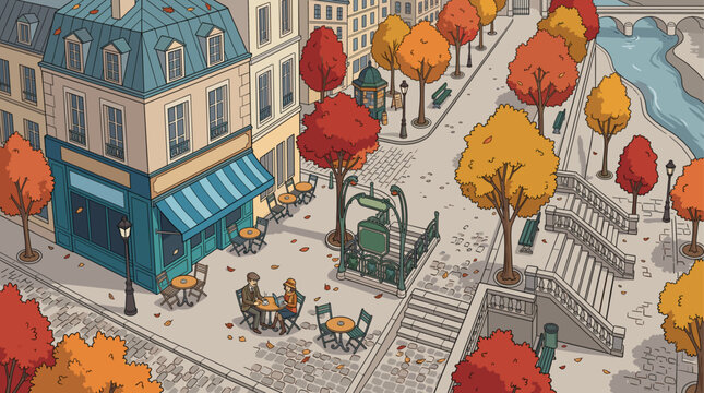 Charming autumn Parisian street scene with couple at cafe, colorful trees, and vintage metro station entrance.