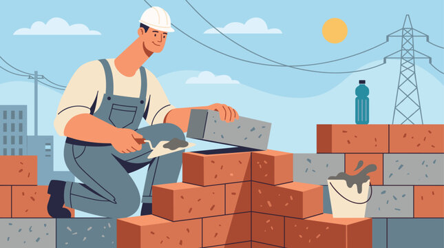 Skilled bricklayer construction worker building brick wall with trowel and mortar under sunny city sky.