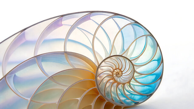Macro nautilus shell with iridescent texture. Abstract spiral pattern on transparent background.