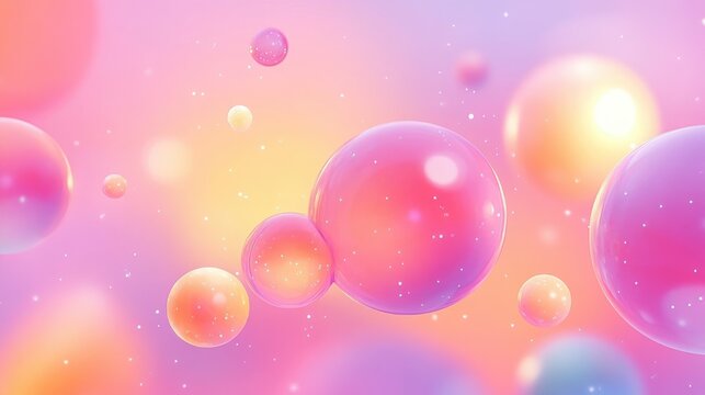 floating glossy pastel bubbles and soft glowing spheres with tiny sparkling lights in a dreamy pink purple and golden gradient background