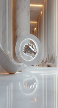 Minimalist marble hall with towering columns, glowing circular sculpture of clasping hands, reflective glossy floor and warm vertical lighting, serene and contemplative