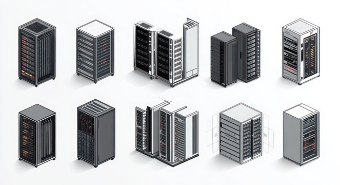 isometric illustrations of twelve server racks and data center cabinets on a light background conveying a precise, technical, organized atmosphere