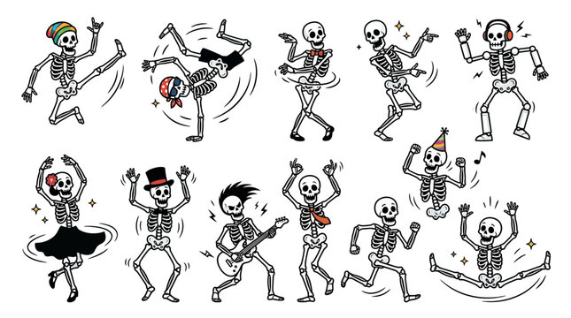 Set of dancing skeletons in various poses celebrating Halloween.